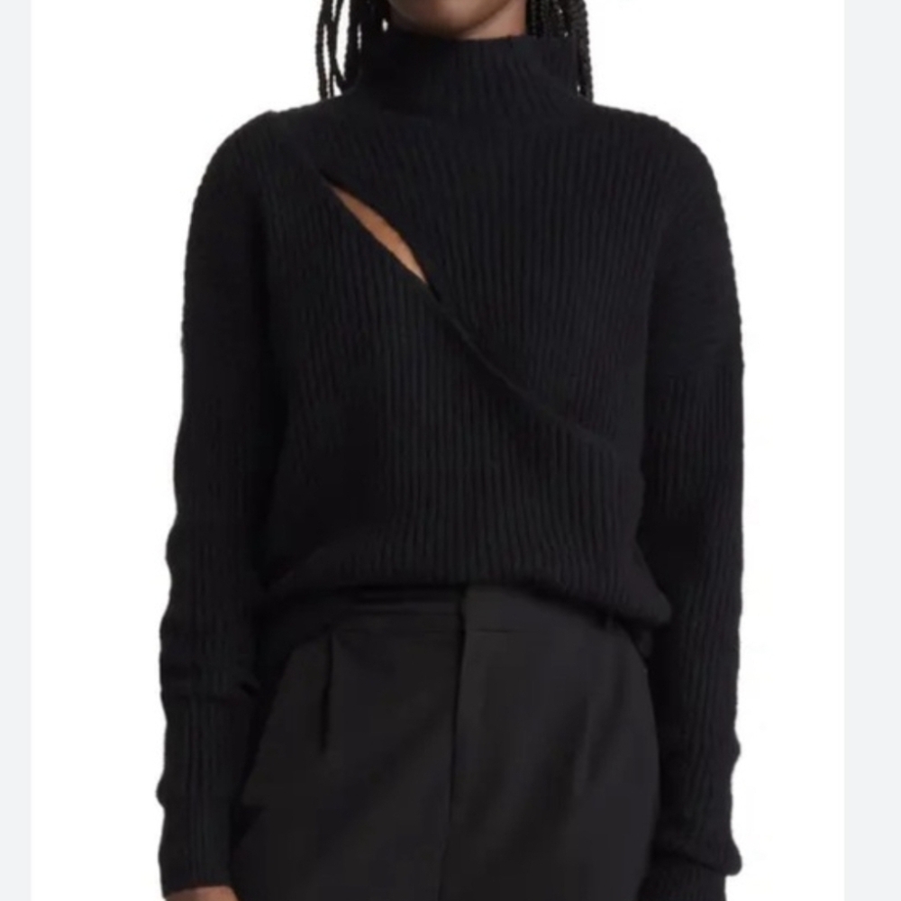 Open Edit Black Ribbed Slit Front Women Sweater Sz M